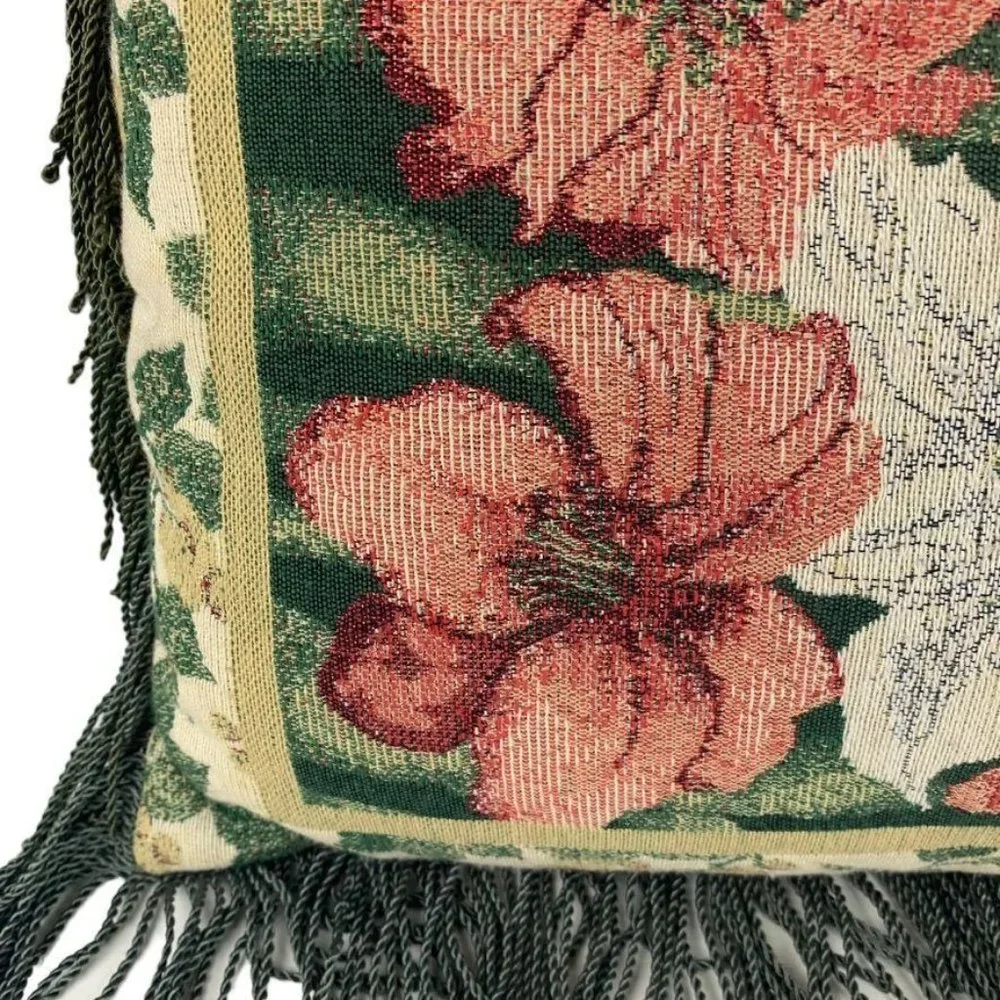 Square Floral Tapestry Throw Pillow Fringe Lillies 14.5